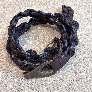 Leather Brown Hip Belt Boho Southwest Braided Swirl Brass Tone Hook Close Unique
